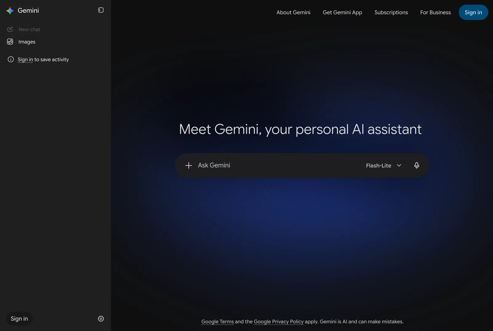 главный экран Gemini до входа в аккаунт Google