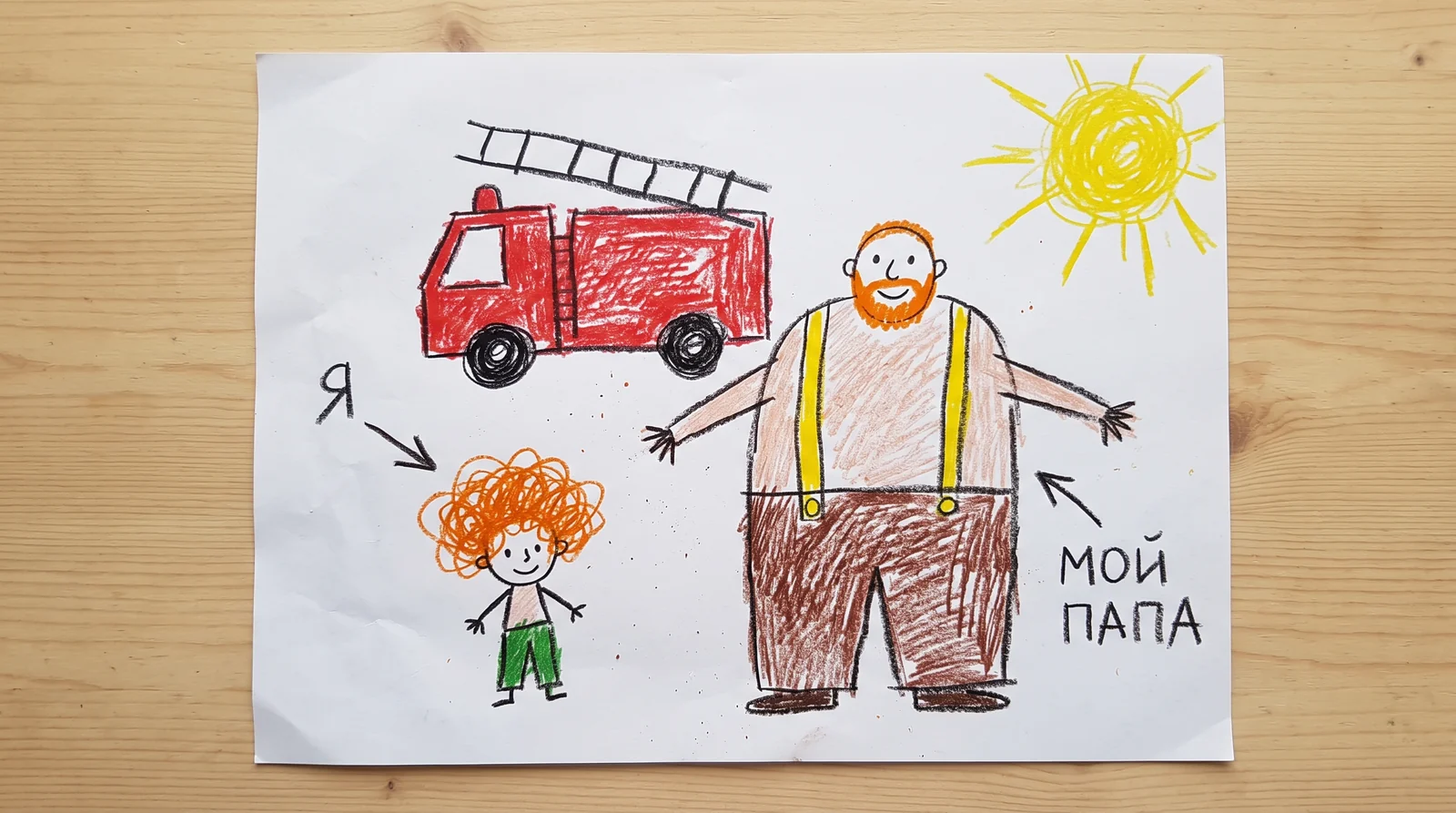 Детский рисунок мелками на белом листе: маленький мальчик с рыжими кудрями и подписью «Я», большой человек с рыжей бородой и жёлтыми подтяжками с подписью «МОЙ ПАПА», красная пожарная машина с лестницей, в углу жёлтое солнце